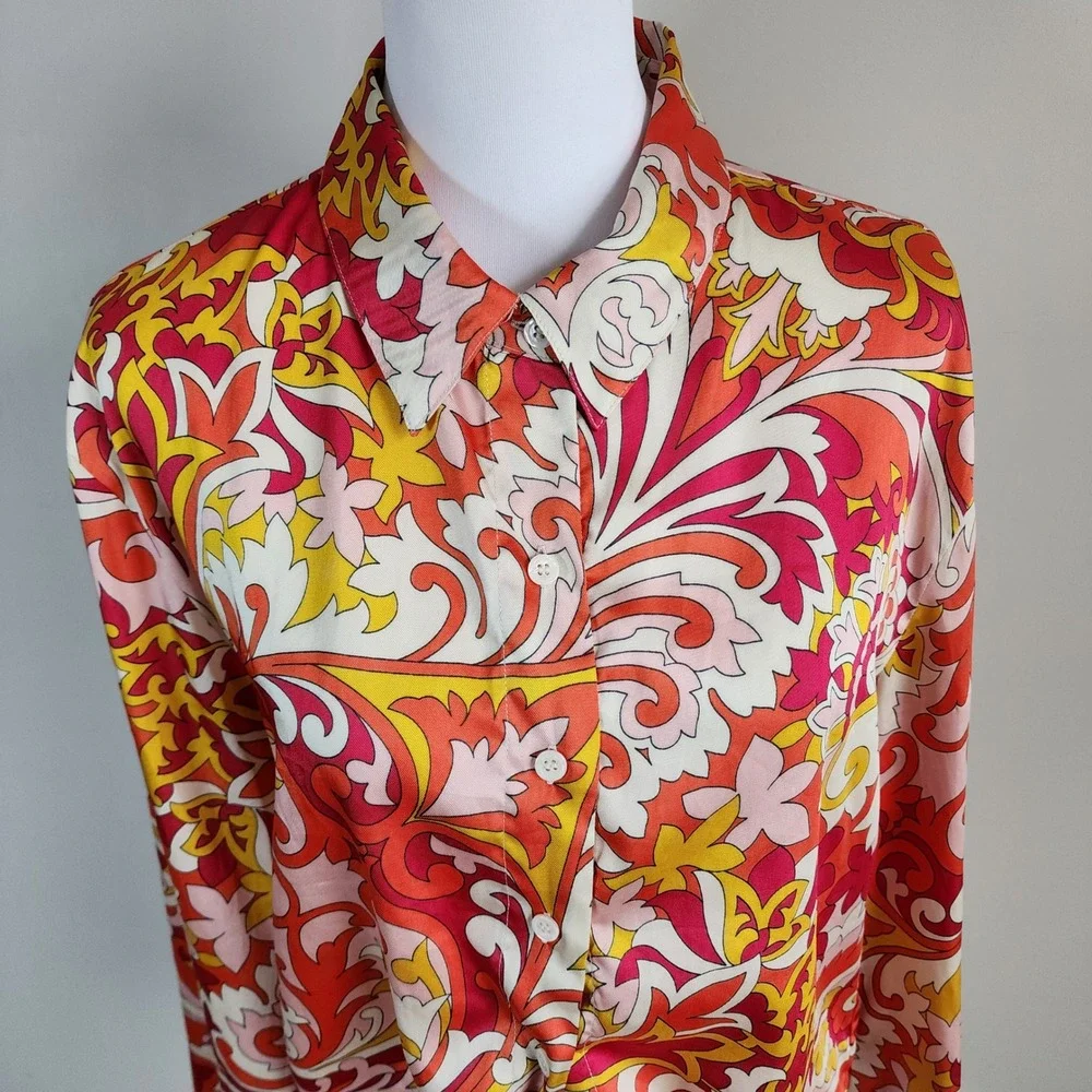 Zara Tie Front Blouse Womens XL Psychedelic Retro Floral Boho Festival Orange - Picture 2 of 14